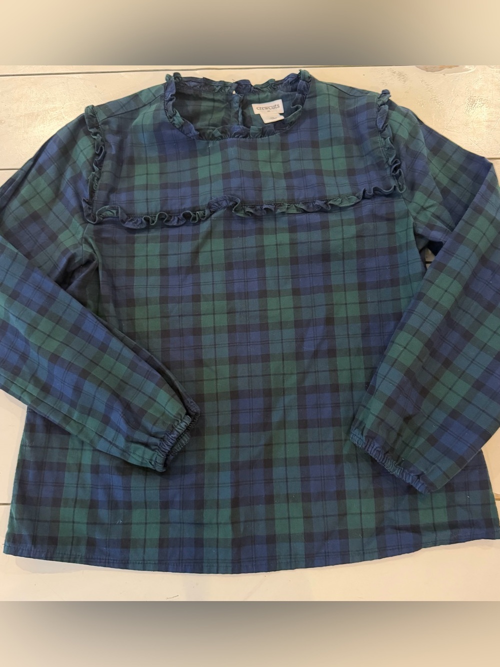 J Crew Crewcuts Girls'Green Navy Plaid Ruffle Top girls Size 10